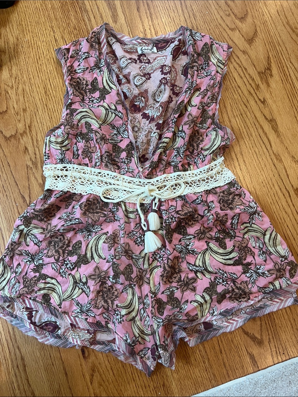 Free People Pink Floral & Banana-Print Sleeveless Romper Crochet Tie coverup M